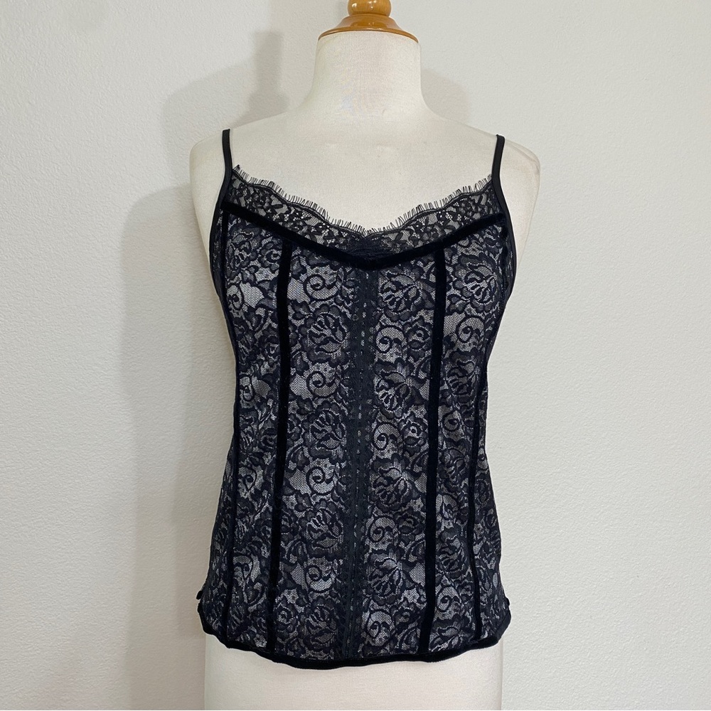 Laundry By Shelli Segal Black Lace Velvet Trim Stretch Camisole Size Small Girly